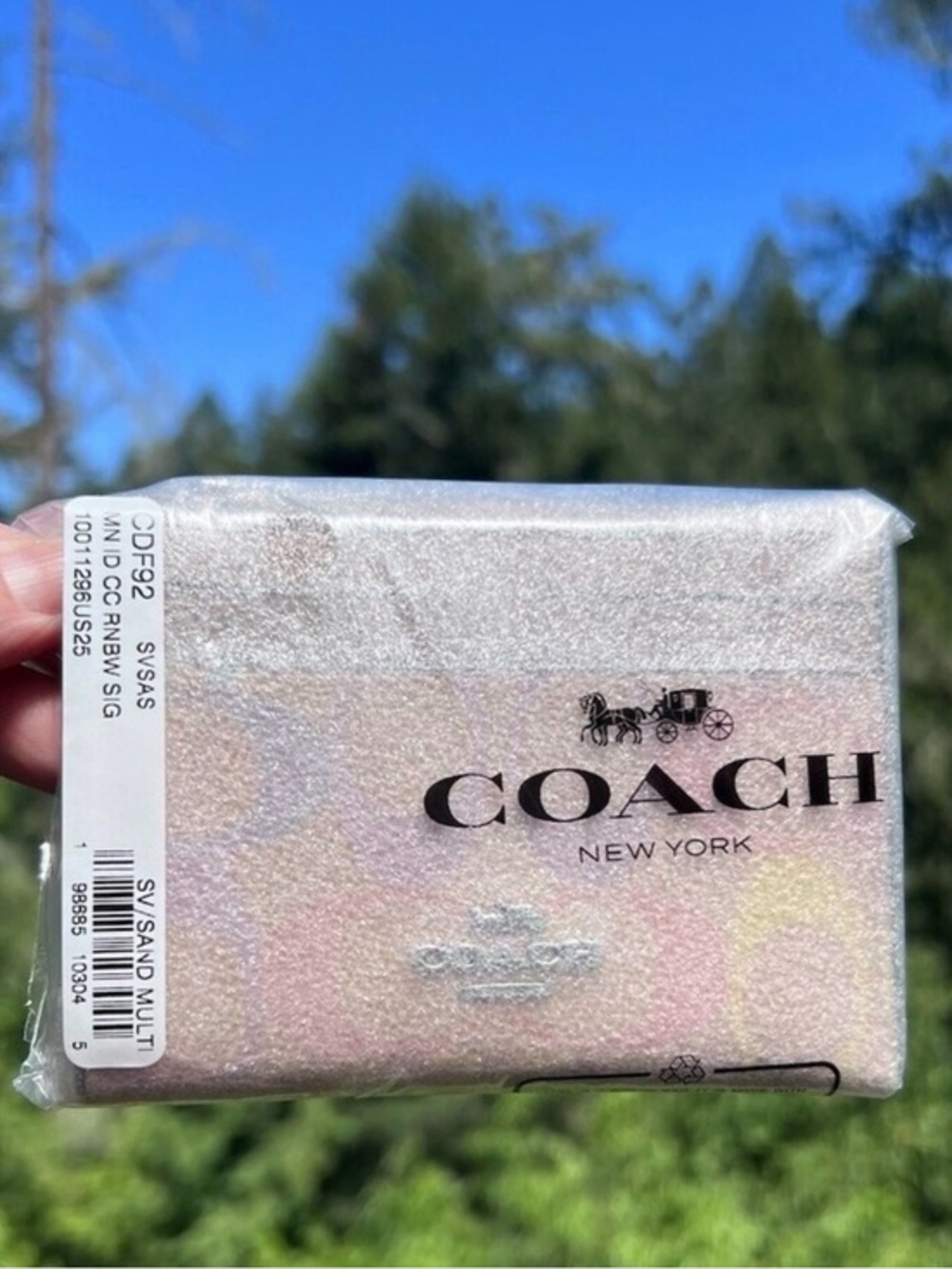 COACH Mini Skinny ID Case Cardholder Keychain Wallet Signature Rainbow Print NWT